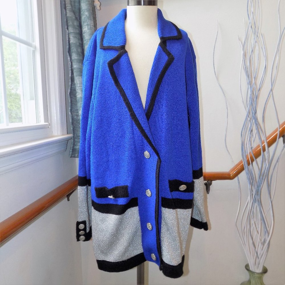 ANN WI Vintage Royal Blue Silver & Black Trim Sweater Cardigan Size Medium